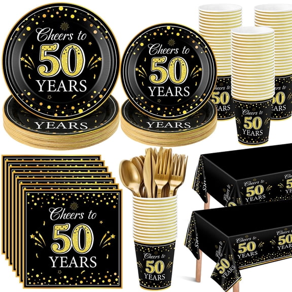 Pickmesh 194 Pcs 50th Birthday Party Decorations Supplies Include Cheers to 50 Years Paper Plates Napkins Cup Tablecloth Fork Knife Spoon for Women Men Birthday Anniversary Party Supplies Y114