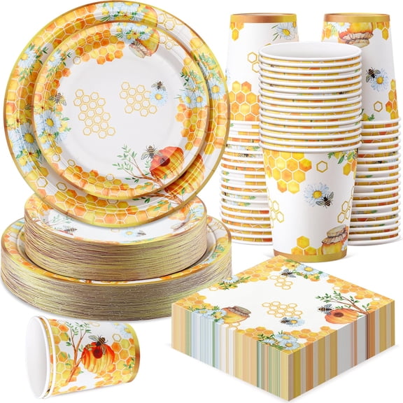 Pickmesh 250 Pcs Bee Party Disposable Tableware Set Paper Plates and Napkins Cups Supplies Tea Party Theme Dinner Dinnerware for Birthday Bridal Baby Shower wedding Decoration Serves 50 A101