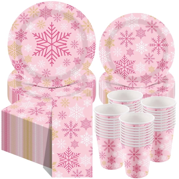 Pickmesh 250 Pcs Winter Wonderland Party Supplies, Christmas Birthday Party Decoration Tableware Set for 50 Guests Pink and Gold Plates Napkins Cup for Birthday Baby Shower Xmas Y101