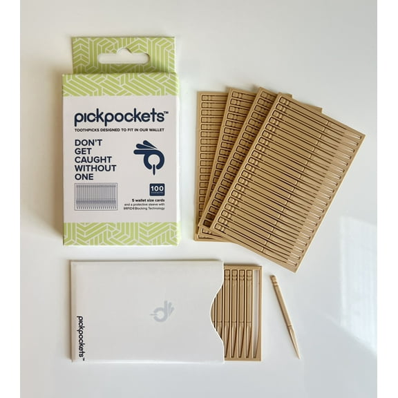 Pickpockets 100 count – First toothpicks designed to fit and travel with us in our wallet for an easy way to access a toothpick anywhere anytime – includes a RFID blocking protective card sleeve