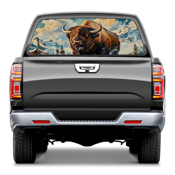 Pickup Car Window Stickers Decal Rear Window Decals for Trucks One Way Visual Waterproof Truck Back Window Tint Decal Graphic Perforated Vinyl Truck Stickers 66X 22inch Snowy Mountain Bison