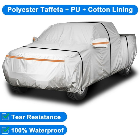 Pickup Truck Car Cover for Ford F150 250 350 Super/Extended Cab, Chevrolet Silverado 1500 2500 3500 HD, GMC Sierra, Dodge Ram, 100% Waterproof Thickened Cotton PU, Outdoor Sun Protection Silver