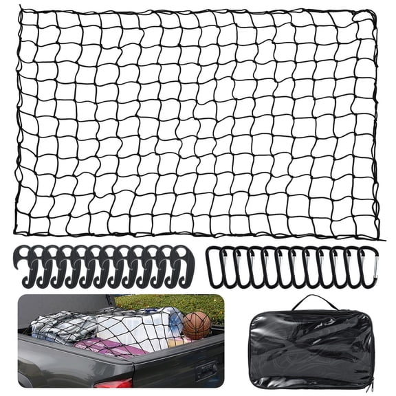 Pickup Truck Cargo Net, Elastic Latex Netting, 12 Carabiners Included, 4 X 6 Ft Expands To 12 X 18 Ft, For Truck Beds, Trunks, Trailers, Roof Racks