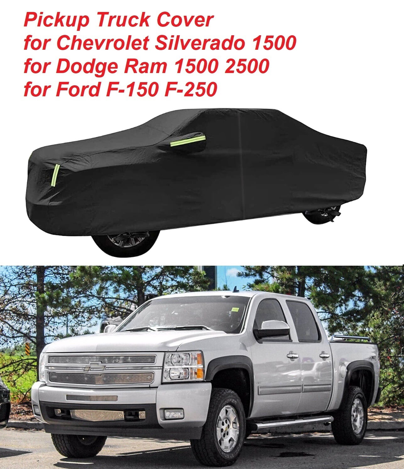 Pickup Truck Cover for Chevrolet Silverado 1500, for Dodge Ram 1500 2500, for Ford F-150 F-250, Indoor Outdoor Waterproof Full Car Cover with Driver Door Zipper Sun UV Snow Resistant, Black