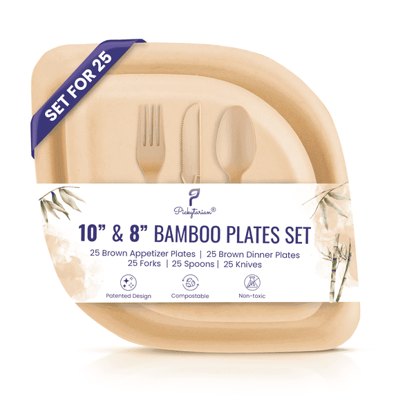 Pickytarian 125-Piece Natural Compostable Dinnerware Set - Bamboo Plates & Cutlery, Microwave-Safe Party Tableware