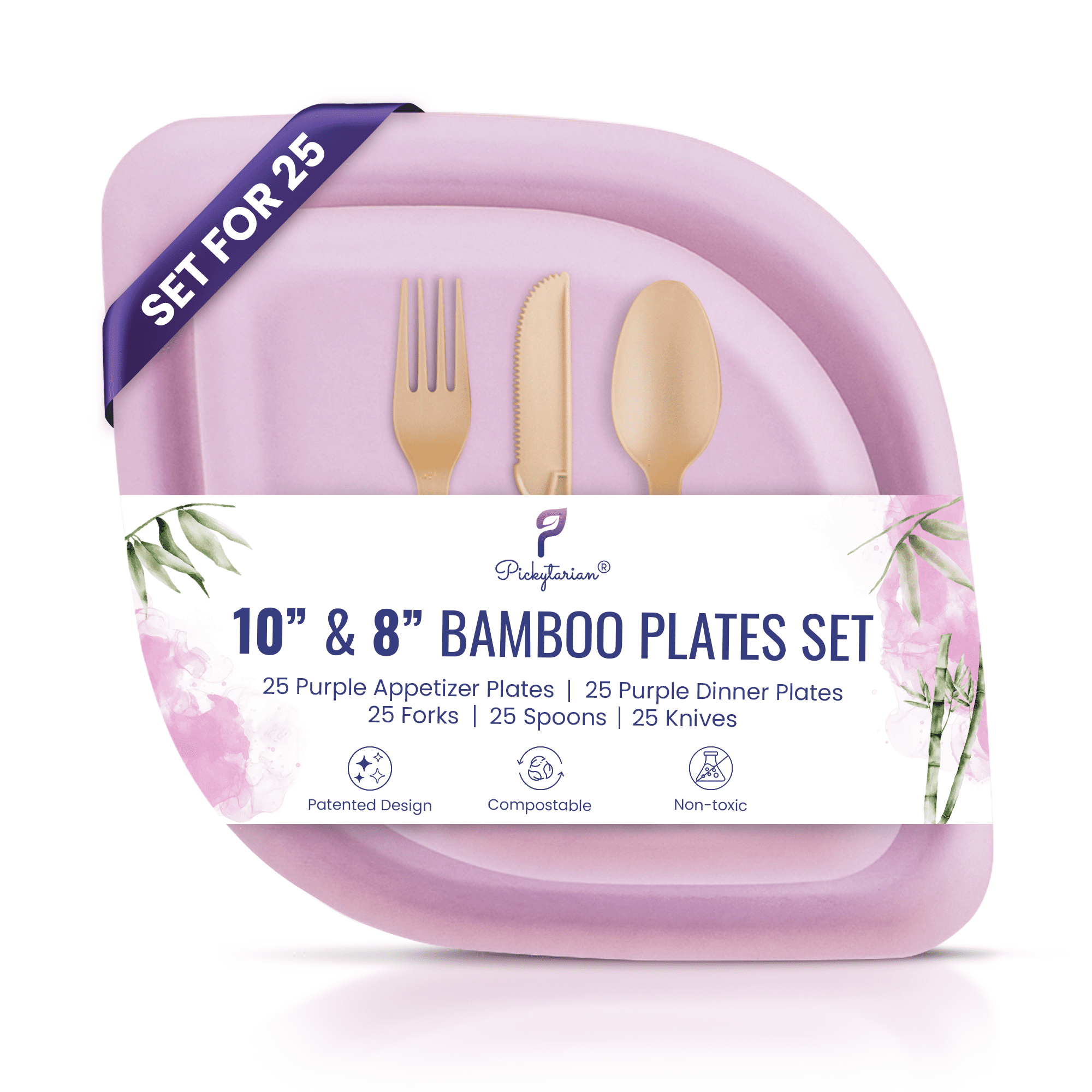 Purple Bamboo Disposable Plates Set with Utensils - 125 Pieces