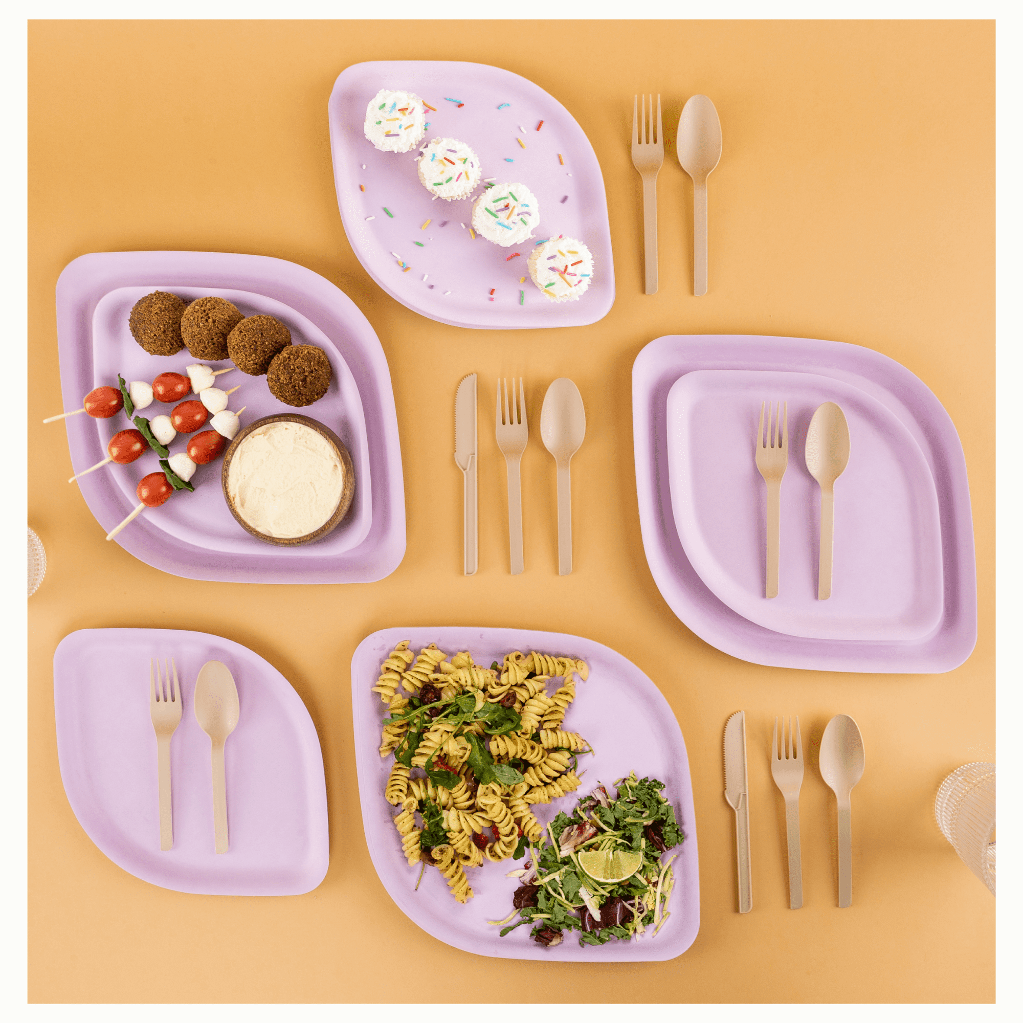 Purple Bamboo Disposable Plates Set with Utensils - 125 Pieces