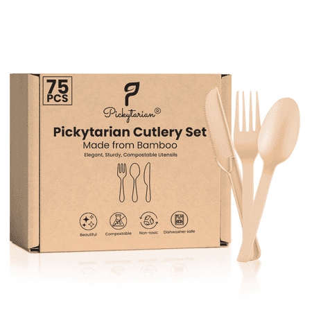 Pickytarian Bamboo Disposable Cutlery Set, Natural Beige, 75 Piece, Heavy Duty, Compostable