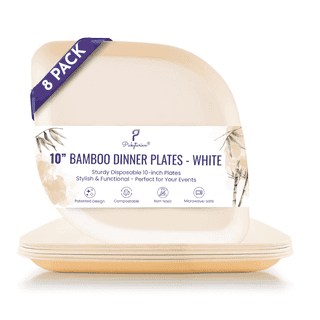 Pickytarian Compostable Bamboo Dinner Plates, 10 Inch, White, 8 Count