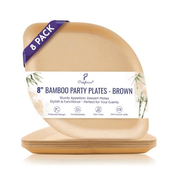 Pickytarian, Compostable Disposable Appetizer Plates, Brown, Bamboo, 8 Ct, 8"