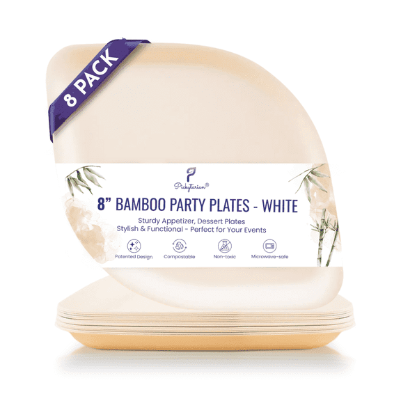 Pickytarian, Compostable Disposable Appetizer Plates, White, Bamboo, 8 Ct, 8"