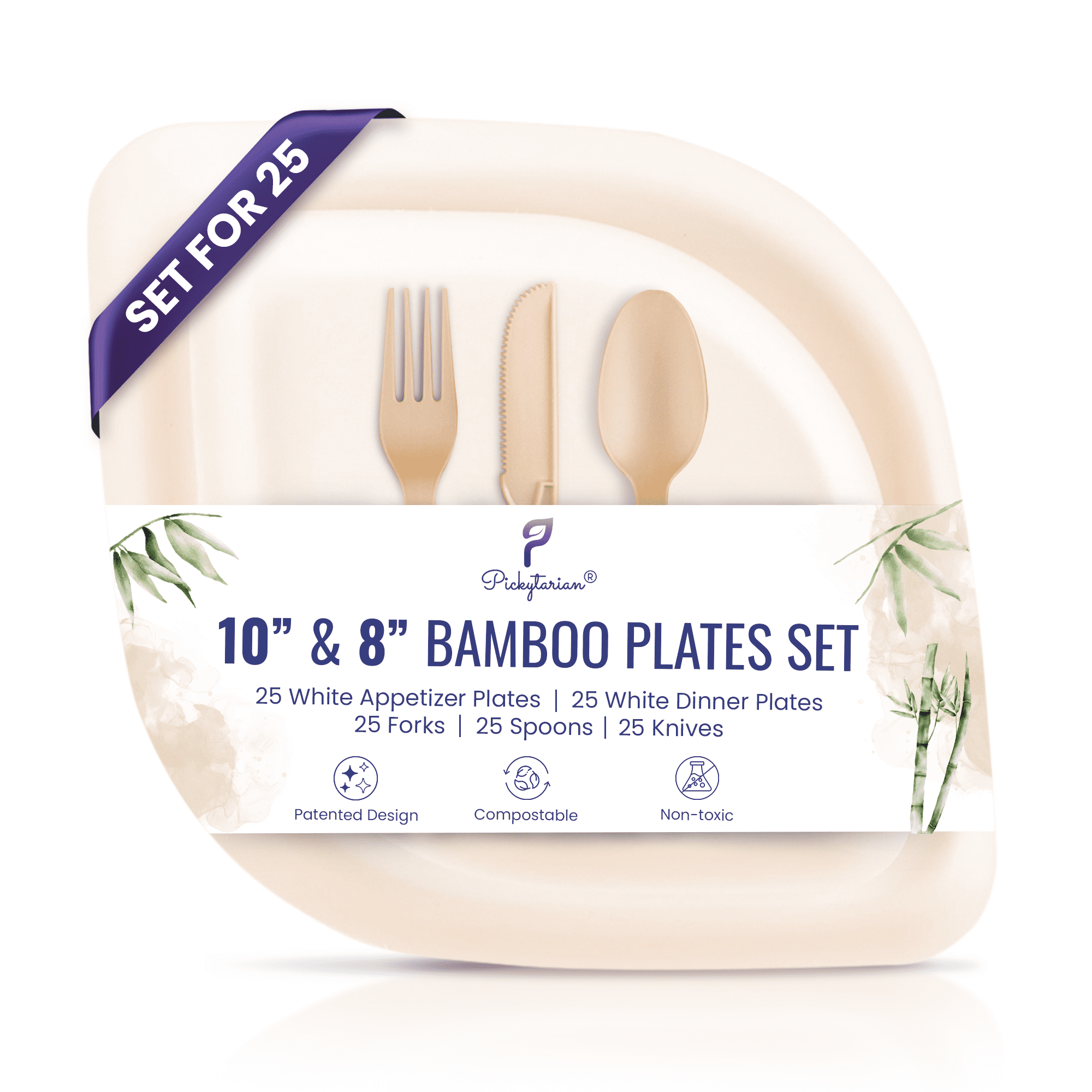 Eco-Friendly White Bamboo Disposable Tableware Set for 25 Guests