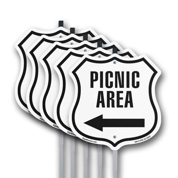 Picnic Area Left (5 Pack) 12 inch X 12 inch Shield Shaped Rust-Free Aluminum Metal Signs with Aluminum Mounting Stakes Weather Resistant Made in the USA