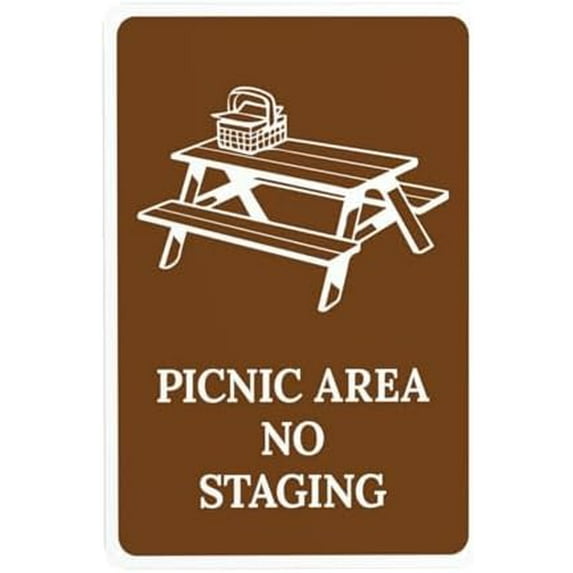 Picnic Area No Staging Warning Sign, Rules Metal Signs for Outdoor Indoor Road Yard Garage Home Business Street Wall Caution Custom Decor 8 x 12 Inch