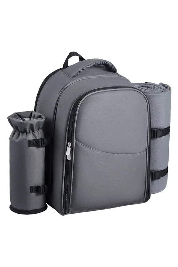 Picnic Backpack for 2 Person with Insulated Cooler Compartment Detachable Bottle Holder Lightweight Blanket Plates Cutlery Set Hiking Camping Beach Grey