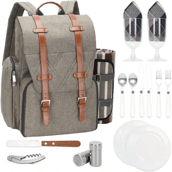 Picnic Backpack For 2 Person With Large Insulated Cooler Bag Picnic Basket Set With Wine Pouch Waterproof Picnic Blanket Cutlery Set. Perfect For Beach Camping Wedding Gift For Couple.Beige