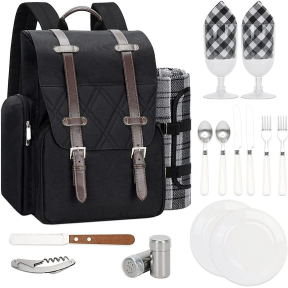 Picnic Backpack for 2 Person with Large Insulated Cooler Bag, Picnic Basket Set with Wine Pouch, Waterproof Picnic Blanket & Cutlery Set. Perfect for Camping, Party,Wedding Gift for Couple.2P-Black