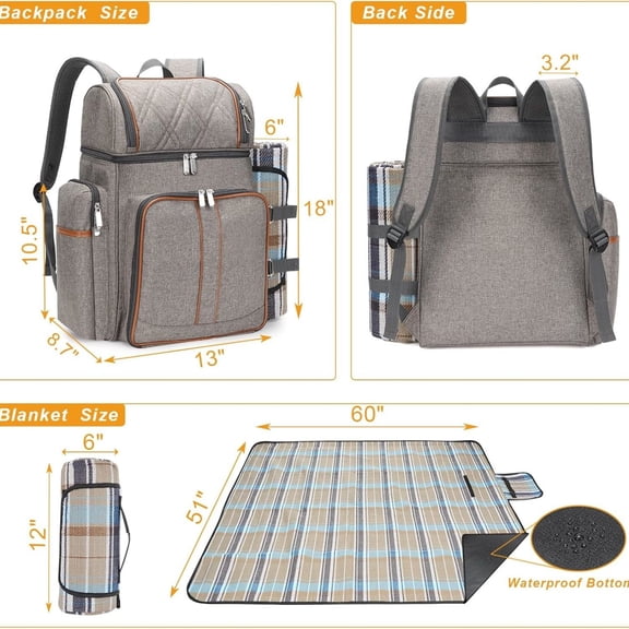 Picnic Backpack for 4, Picnic Basket Set, Leakproof Picnic Bag, Beach Cooler Backpack with Insulated Cooler Wine Pouch,Picnic Blanket, Double Deck Picnic Backpack for Beach,Camping,Park