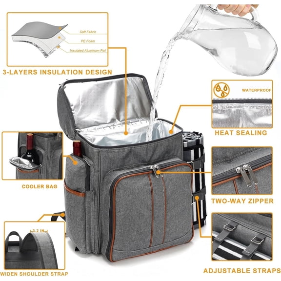 Picnic Backpack for 4, Picnic Basket Set, Leakproof Picnic Bag, Beach Cooler Backpack with Insulated Cooler Wine Pouch,Picnic Blanket, Double Deck Picnic Backpack for Beach,Camping,Park(Grey)