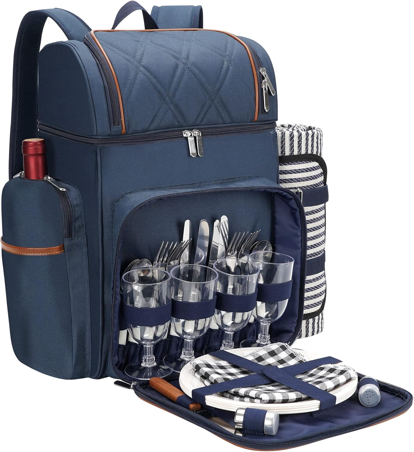 VEVOR Picnic Backpack, Beach Picnic Backpack Bag For 2 Person With Insulated Cooler Compartment, Detachable Bottle/Wine Holder, Lightweight Blanket, Plates & Cutlery Set For Hiking, Camping, Navy Blue