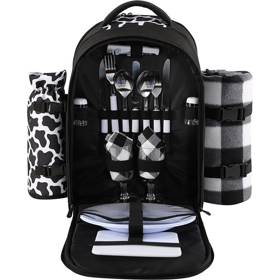 Picnic Backpack Bag for 2 Person with Cooler Compartment, Detachable Bottle/Wine Holder, Fleece Blanket, Plates and Cutlery Set (2 Person, Black)