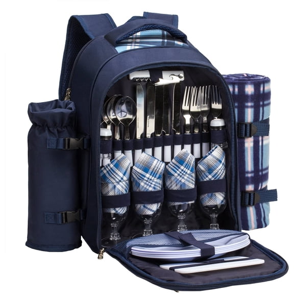 Picnic Backpack Bag for 4 Person with Cooler Compartment,Wine Bag, Picnic Blanket(45"x53"),Best for Family and Lovers Gifts (Brown)