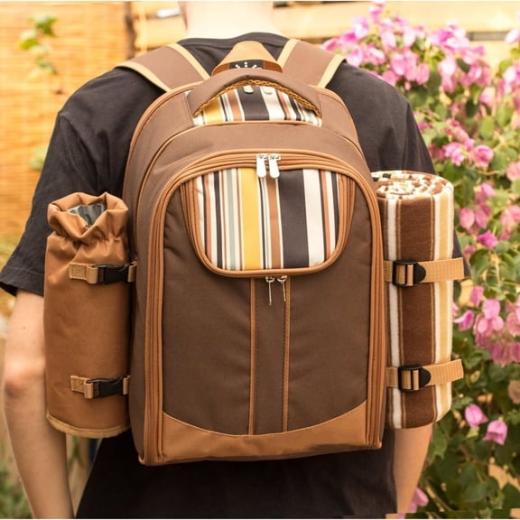 Picnic Backpack Bag for 4 Person with Cooler Compartment,Wine Bag, Picnic Blanket(45"x53"),Best for Family and Lovers Gifts (Brown)