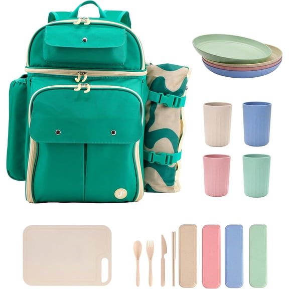 Picnic Backpack Cooler for 4. Insulated Picnic Basket Set with Folding Waterproof Blanket. Beach Camping Wedding Engagement Gift for Couples, Green