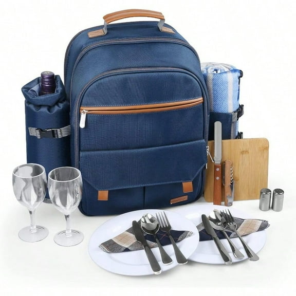 Picnic Backpack For 2 Person Set Pack With Insulated Waterproof Pouch For Couple Outdoor Camping Navy
