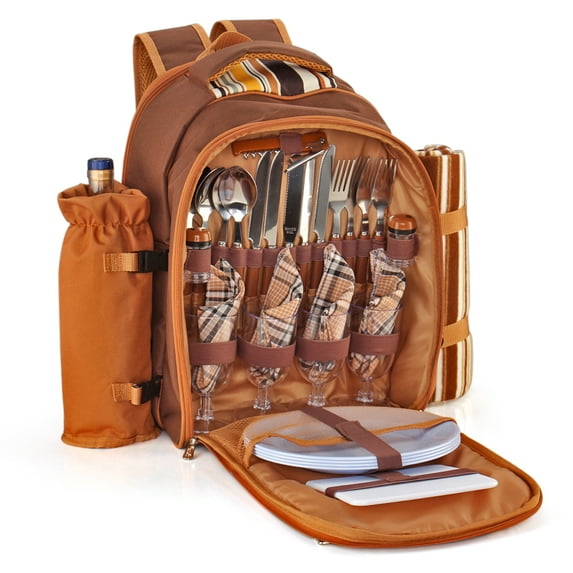 Picnic Backpack Kit - Set for 4 Person With Cooler Compartment, Detachable Bottle/Wine Holder, Fleece Blanket, Plates and Flatware Cutlery Set (Plaid Tartan - Brown)