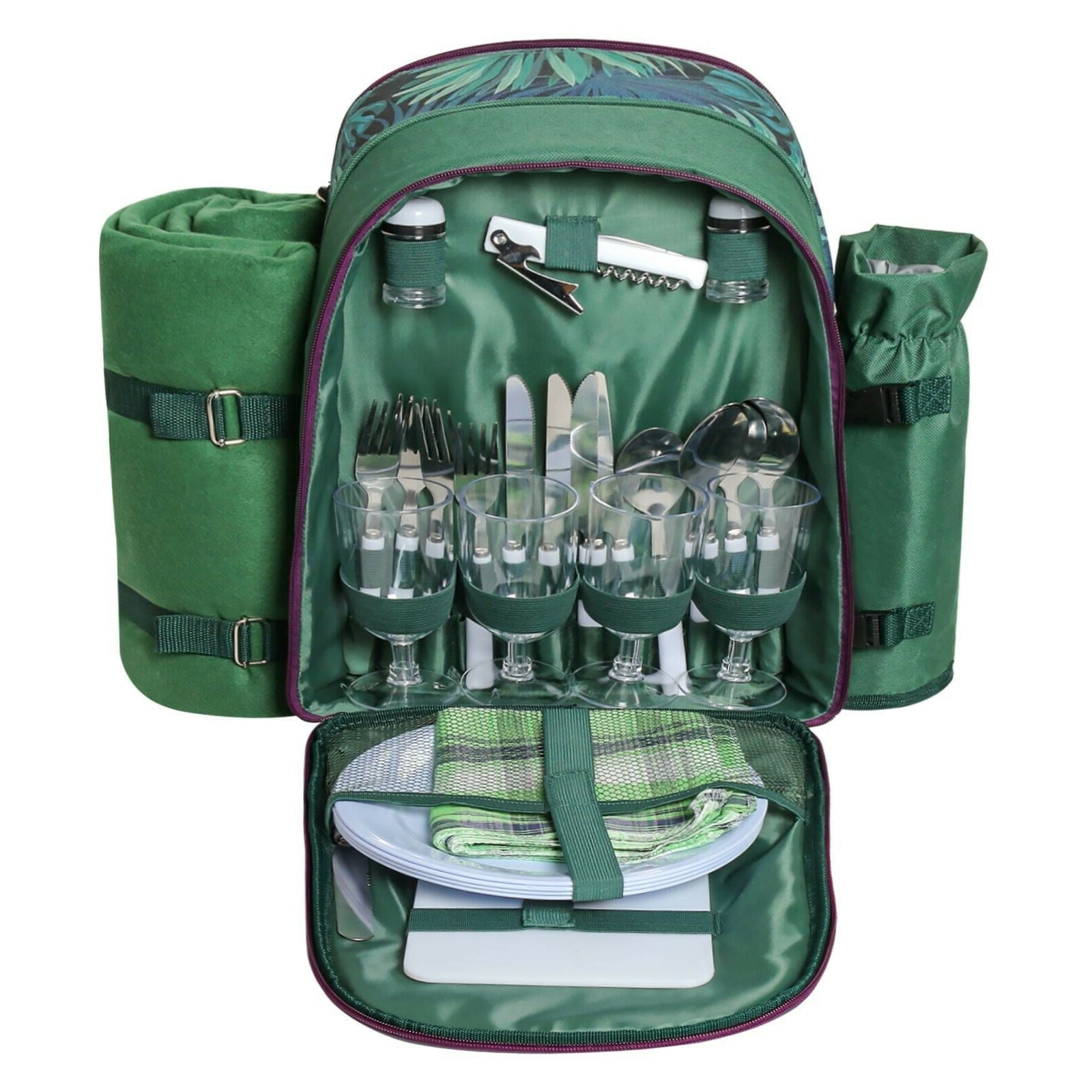 Picnic Backpack Set With Cutlery Kit Cooler Compartment Blanket For 4