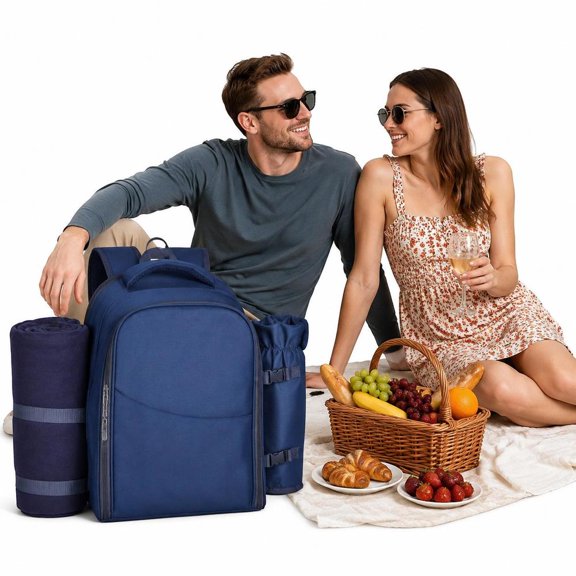 Picnic Backpack, for 2 people, with insulated cooler compartment, detachable bottle holder, lightweight blanket, plates and cutlery set