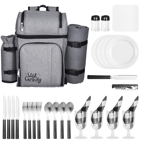 Picnic Backpack for 4 Person with Insulated Cooler Detachable Wine Holder Lightweight Blanket Plates Cutlery Set Hiking Camping Beach Grey