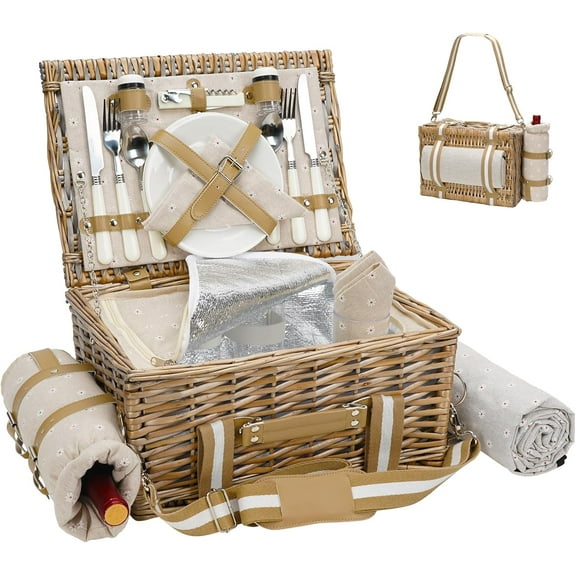 Picnic Basket for 2-19Pcs Wicker Picnic Set with Waterproof Blanket & Wine Bag, Large Picnic Hamper with Insulated Cooler & Cutlery Kit for Couples Camping, White Flower