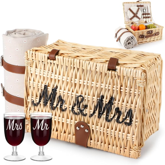 Picnic Basket for 2, Engagement Wedding Bridal Shower Gifts for Couples Bride, Wicker Picnic Basket with Waterproof Blanket & Insulated Liner Willow Hamper Set for Mr and Mrs Outdoor Camping
