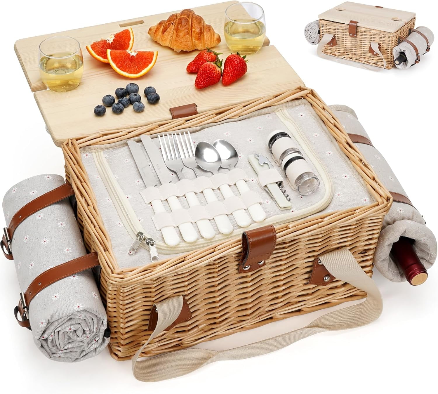 Picnic Basket for 2, Handmade Wicker Picnic Set with Folding Table and ...
