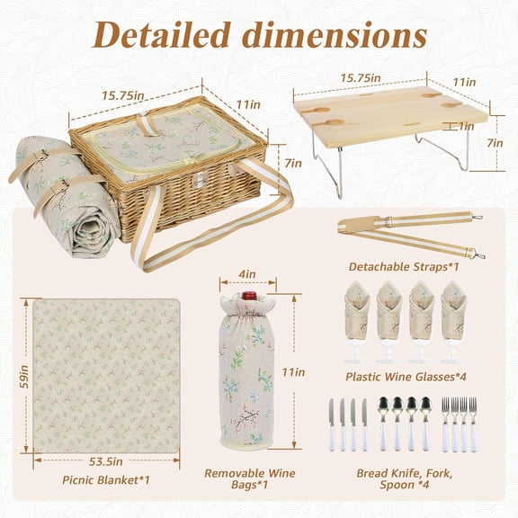 Picnic Basket for 4 with Folding Table, Large Wicker Picnic Basket Set with Waterproof Blanket and Wine Pouch, Insulated Willow Hamper with Cutlery Kit for Camping, Couples, Wedding Gift