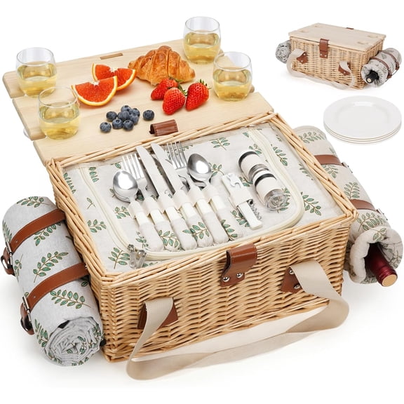 Picnic Basket for 4, Handmade Wicker Picnic Set with Folding Table and Waterproof Blanket, Large Insulated Picnic Basket with Wine Bag & Cutlery Kit for Picnic, Camping, Holidays (Leaf)