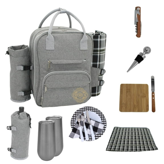 Picnic Basket Backpack for 4 with Blanket & Insulated Cooler, Picnic Set for 4