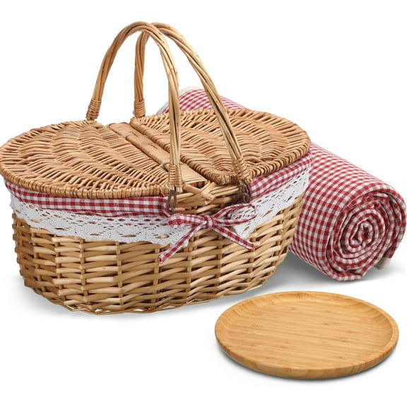 Picnic Basket with Blankets and Bamboo Plates Picnic Supplies Set Basket with Lid and Handle Wicker Picnic Basket Sturdy Woven Body with Washable Lining for Camping(Red)
