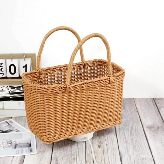 Picnic Basket with Handles, Handmade Plastic Wicker Rattan Woven Basket, Multifunctional Woven Storage Basket for Camping, Shopping, Birthday, Wedding, Picnic, Party