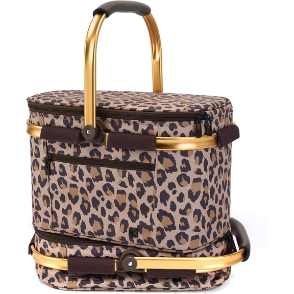 Picnic Basket - Insulated Cooler, Thickening Foldable Picnic Basket with Removable Baskets & Sewn-in Frame, Basket for House Warming Gifts New Home(Leopard Print)