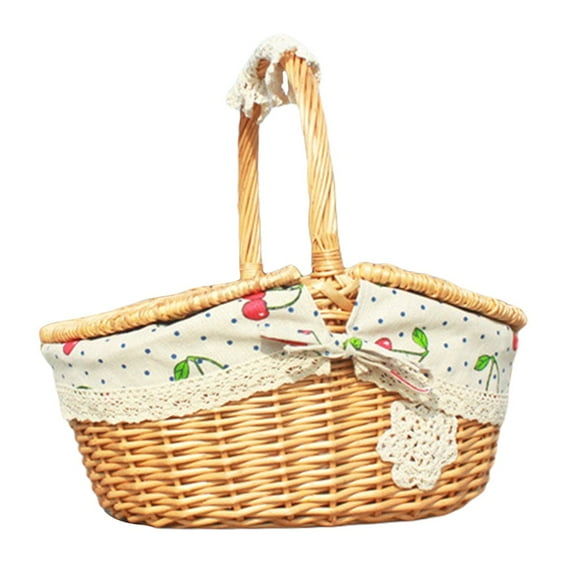 Picnic Basket with Liner, Wooden Lid Picnic Basket, Vintage Style Wicker Picnic Basket with Collapsible Woven Handles for Picnic, Camping, Outdoor, Valentine's Day, Thanksgiving, Birthday Cherry