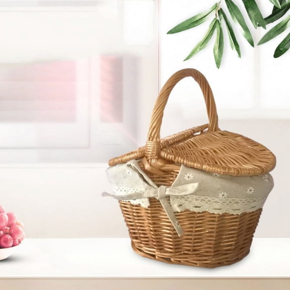 Picnic Basket Natural Woven Woodchip with Double Folding Handles,Easter Basket, Storage of Plastic Easter Eggs and Easter Candy, Organizer Blanket Storage, Bath Toy and Kids Toy Storage