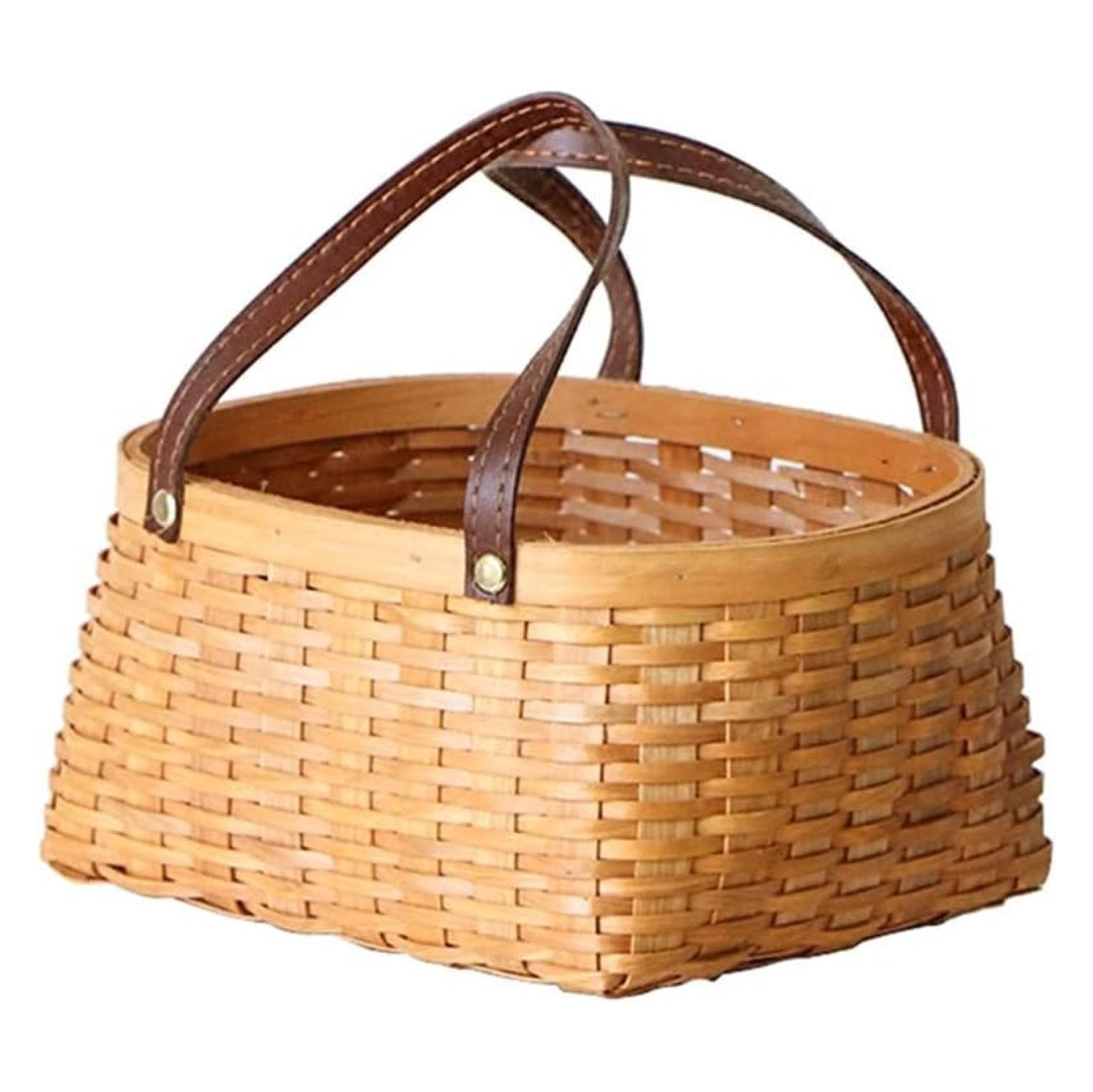 Picnic Basket Natural Woven Woodchip with PU Leather Handles, Round