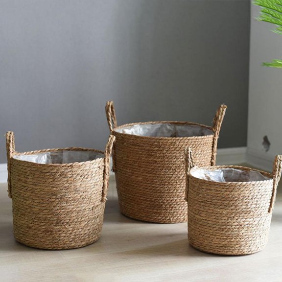 Picnic Basket Seagrass Planter Basket Flower Pot Cover Straw Weaving Plant Container Vase Wicker Trash Can Garbage Bin Rattan Storage Organizer Bin Laundry Hamper Plant Pots, 12 inch