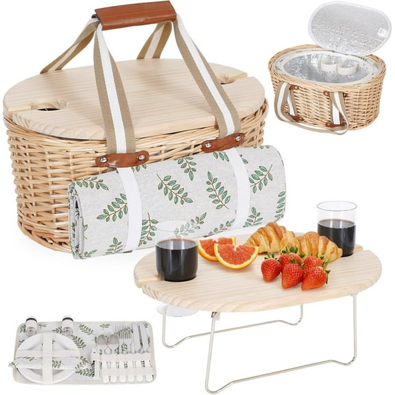 Picnic Basket Set for 2 - Wicker Insulated Picnic Basket with Blanket, Folding Wine Picnic Table & Cutlery Kits, Picnic Baskets Kit for Camping, Outdoor