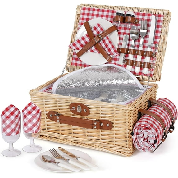 Picnic Basket Set for 2 - Wicker Picnic Basket with Waterproof Blanket & Insulated Liner, Large Handmade Willow Hamper with Cutlery Kit for Outdoor, Picnic, Camping, Party, Holidays (Red)
