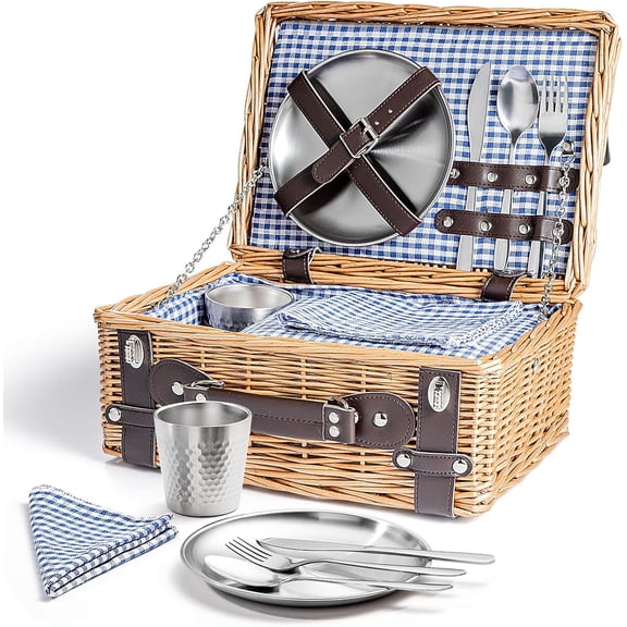 Picnic Basket Set for 2, Wicker Picnic Baskets with Waterproof Blanket and Cutlery Service Kit, Willow Hamper for Camping, Outdoors, Valentine's Day, Christmas, Birthday, Wedding Gift