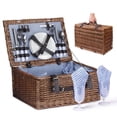 thumbnail image 1 of Picnic Basket Set for 4 Person / Rectangular Tote Hamper Kit - Insulated Waterproof Wicker Picnic Blanket w/ Plate Metal Flatware Table Supplies Wine Glasses Bottle Opener Blue Gingham Lining, 1 of 9